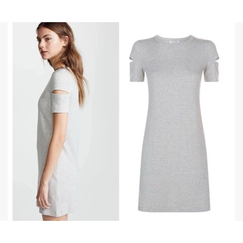 HELMUT LANG Mini Dress Size M Gray Ribbed Cut-Out Short Sleeve T-Shirt Cotton